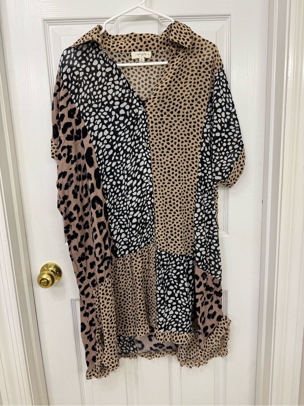 Mixed Animal Print Button-Up Tunic/dress- Black & Tan; sheer
